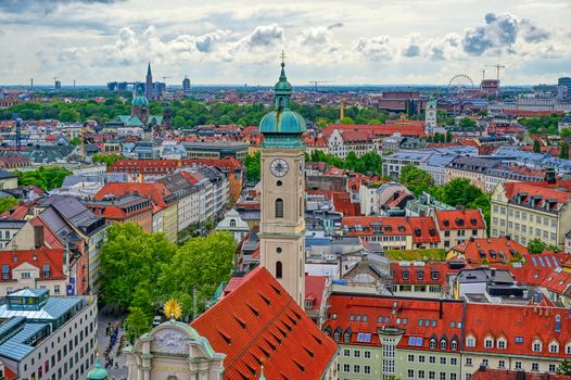 An aerial view of Munich, Bavaria, Germany on a cloudy day.