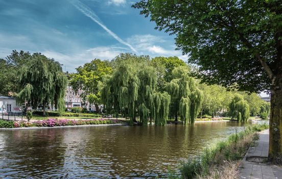 Amsterdam, the Netherlands - June 30, 2019: Green park-like scene with flowers and trees along Singel, canal, under blue sky. Some brown houses in distance.