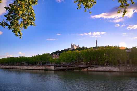 The Basilica of Notre Dame de Fourviere overlooking Lyon, France and the Saone River.