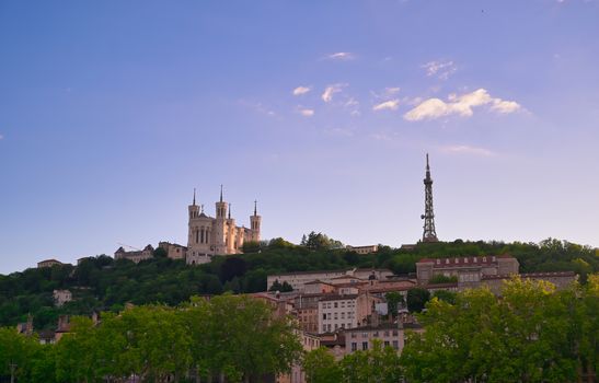 The Basilica of Notre Dame de Fourviere overlooking Lyon, France and the Saone River.