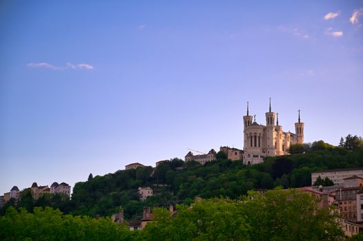 The Basilica of Notre Dame de Fourviere overlooking Lyon, France and the Saone River.