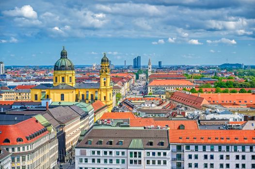 An aerial view of Munich, Bavaria, Germany on a cloudy day.