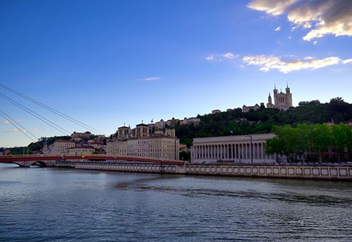 The Basilica of Notre Dame de Fourviere overlooking Lyon, France and the Saone River.