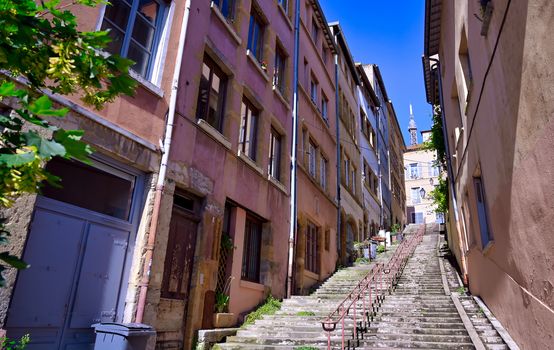 The narrow, historic streets of Lyon, France.