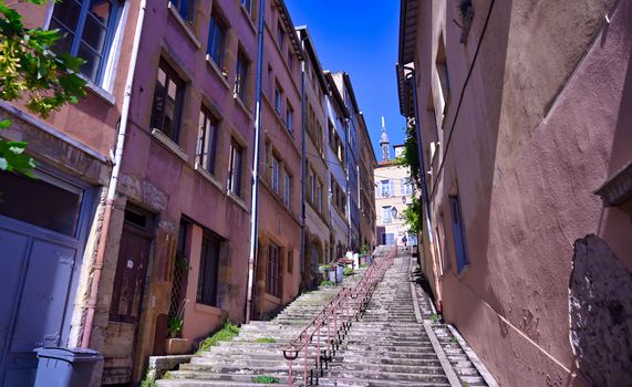 The narrow, historic streets of Lyon, France.