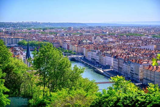 An aerial view of Lyon, France and the Saone River during morning hours.