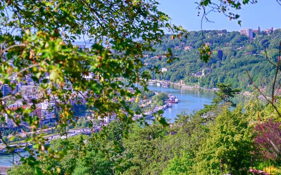 An aerial view of Lyon, France and the Saone River during morning hours.