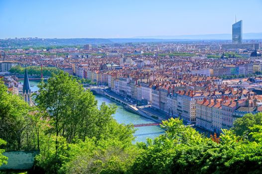 An aerial view of Lyon, France and the Saone River during morning hours.