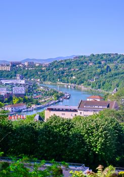 An aerial view of Lyon, France and the Saone River during morning hours.