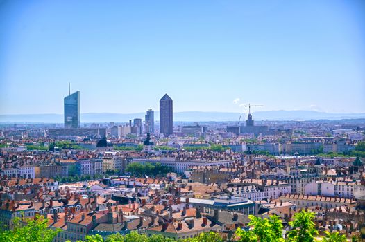 An aerial view of Lyon, France and the Saone River during morning hours.