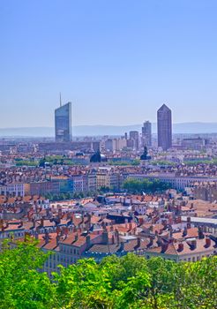 An aerial view of Lyon, France and the Saone River during morning hours.