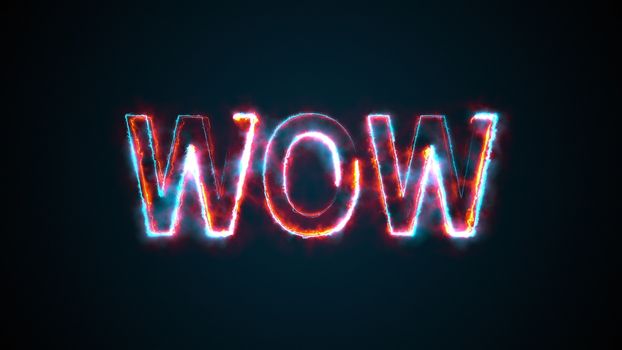 The phrase Wow, computer generated. Burning inscription. Capital letters. 3d rendering text backdrop