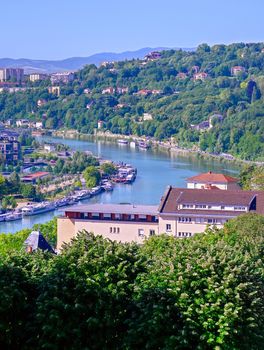 An aerial view of Lyon, France and the Saone River during morning hours.