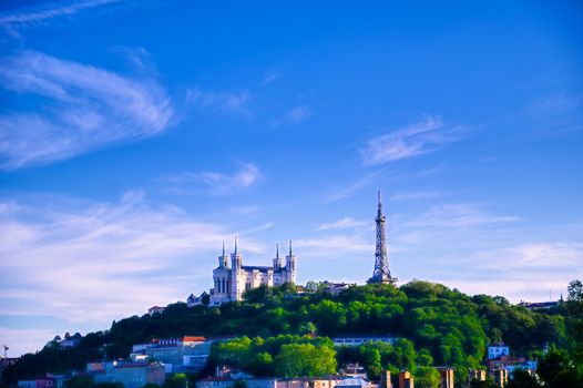 Lyon, France and the Basilica of Notre-Dame de Fourviere from Jardin des plantes.