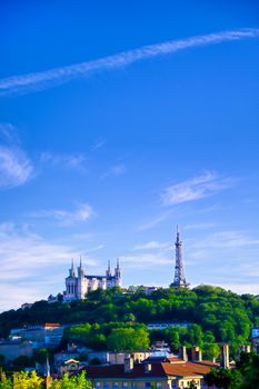 Lyon, France and the Basilica of Notre-Dame de Fourviere from Jardin des plantes.