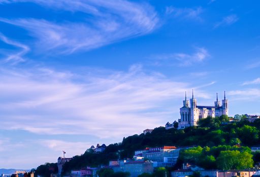 Lyon, France and the Basilica of Notre-Dame de Fourviere from Jardin des plantes.