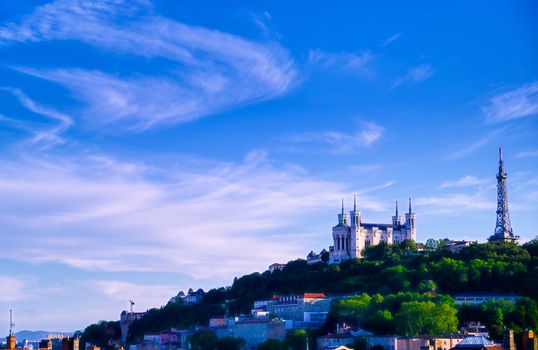 Lyon, France and the Basilica of Notre-Dame de Fourviere from Jardin des plantes.