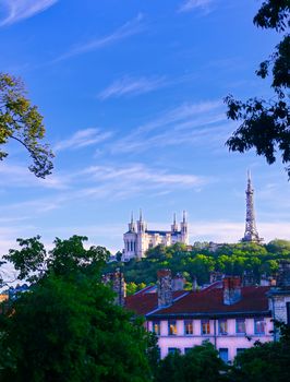 Lyon, France and the Basilica of Notre-Dame de Fourviere from Jardin des plantes.