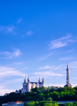 Lyon, France and the Basilica of Notre-Dame de Fourviere from Jardin des plantes.