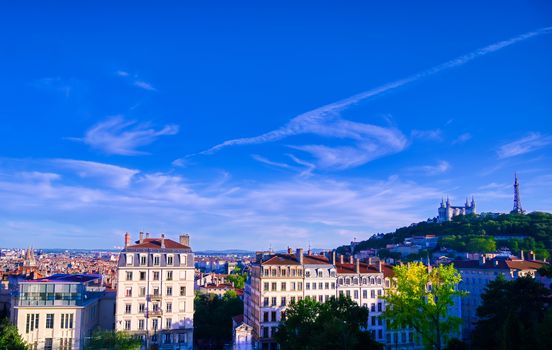 Lyon, France and the Basilica of Notre-Dame de Fourviere from Jardin des plantes.