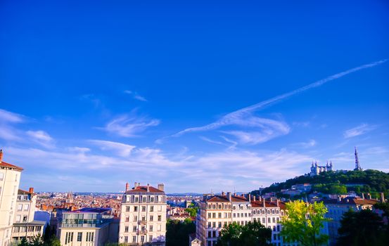 Lyon, France and the Basilica of Notre-Dame de Fourviere from Jardin des plantes.