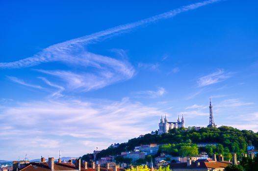 Lyon, France and the Basilica of Notre-Dame de Fourviere from Jardin des plantes.