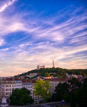 Lyon, France and the Basilica of Notre-Dame de Fourviere from Jardin des plantes.