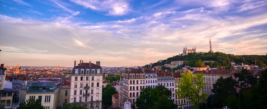 Lyon, France and the Basilica of Notre-Dame de Fourviere from Jardin des plantes.