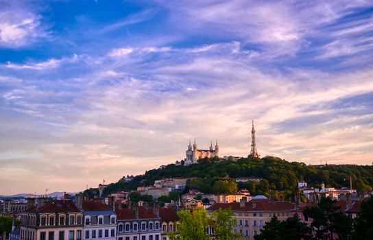 Lyon, France and the Basilica of Notre-Dame de Fourviere from Jardin des plantes.