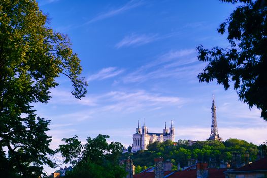 Lyon, France and the Basilica of Notre-Dame de Fourviere from Jardin des plantes.