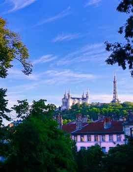 Lyon, France and the Basilica of Notre-Dame de Fourviere from Jardin des plantes.