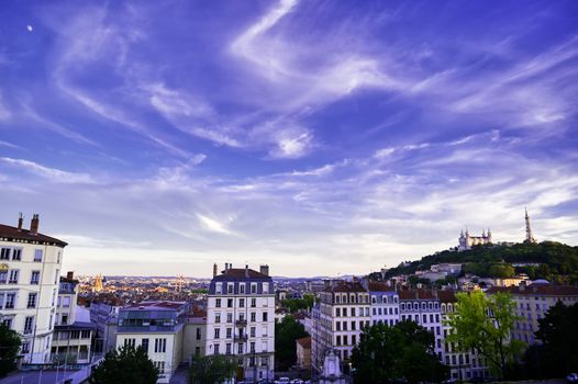 Lyon, France and the Basilica of Notre-Dame de Fourviere from Jardin des plantes.