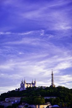 Lyon, France and the Basilica of Notre-Dame de Fourviere from Jardin des plantes.