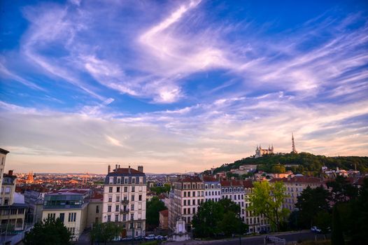 Lyon, France and the Basilica of Notre-Dame de Fourviere from Jardin des plantes.