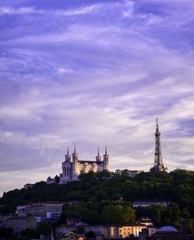 Lyon, France and the Basilica of Notre-Dame de Fourviere from Jardin des plantes.