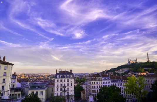 Lyon, France and the Basilica of Notre-Dame de Fourviere from Jardin des plantes.