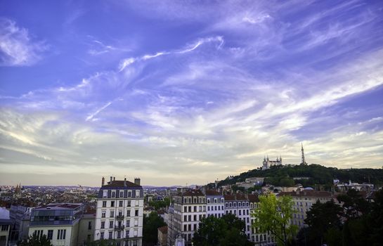 Lyon, France and the Basilica of Notre-Dame de Fourviere from Jardin des plantes.