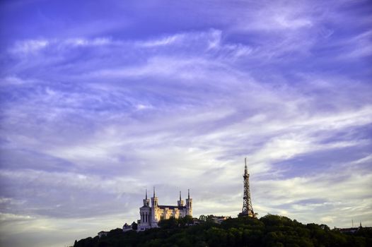 Lyon, France and the Basilica of Notre-Dame de Fourviere from Jardin des plantes.