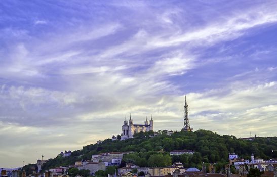 Lyon, France and the Basilica of Notre-Dame de Fourviere from Jardin des plantes.