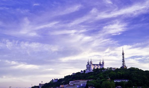 Lyon, France and the Basilica of Notre-Dame de Fourviere from Jardin des plantes.