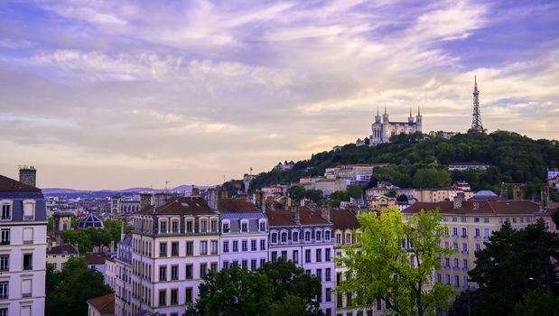 Lyon, France and the Basilica of Notre-Dame de Fourviere from Jardin des plantes.