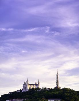 Lyon, France and the Basilica of Notre-Dame de Fourviere from Jardin des plantes.