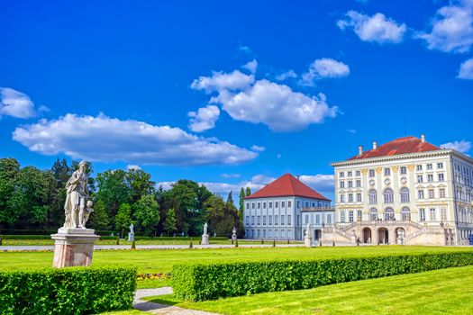 Munich, Germany - May 13, 2019 - The Nymphenburg Palace, Schloss Nymphenburg, is a Baroque palace in Munich, Bavaria, southern Germany. 