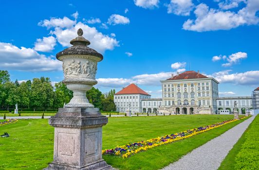 Munich, Germany - May 13, 2019 - The Nymphenburg Palace, Schloss Nymphenburg, is a Baroque palace in Munich, Bavaria, southern Germany. 