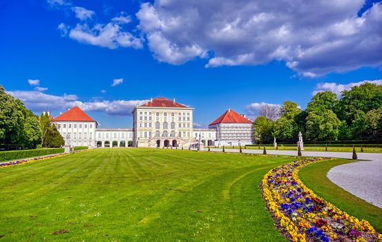 Munich, Germany - May 13, 2019 - The Nymphenburg Palace, Schloss Nymphenburg, is a Baroque palace in Munich, Bavaria, southern Germany. 