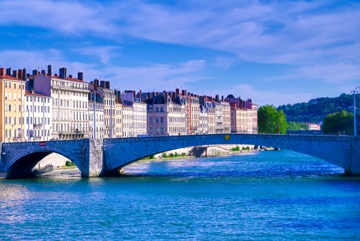 A view of Lyon, France along the Saone river in the afternoon.