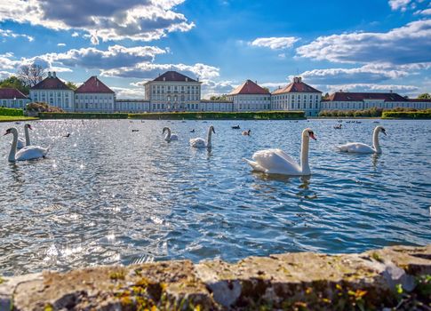 Munich, Germany - May 13, 2019 - The Nymphenburg Palace, Schloss Nymphenburg, is a Baroque palace in Munich, Bavaria, southern Germany. 