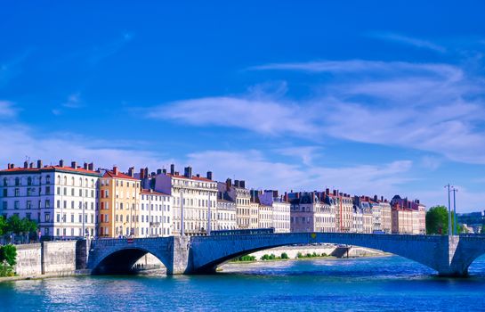 A view of Lyon, France along the Saone river in the afternoon.