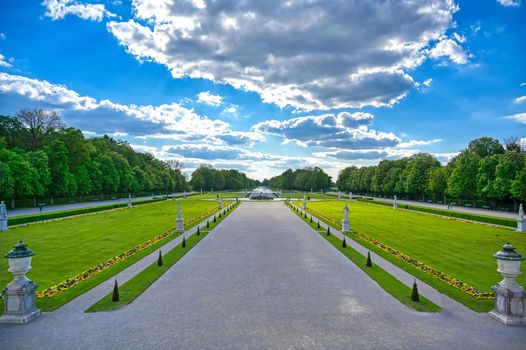 Munich, Germany - May 13, 2019 - The Nymphenburg Palace, Schloss Nymphenburg, is a Baroque palace in Munich, Bavaria, southern Germany. 