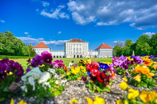 Munich, Germany - May 13, 2019 - The Nymphenburg Palace, Schloss Nymphenburg, is a Baroque palace in Munich, Bavaria, southern Germany. 